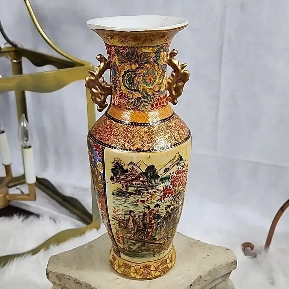 Hand Painted Japanese Water and Mountain Scene Vase Urn